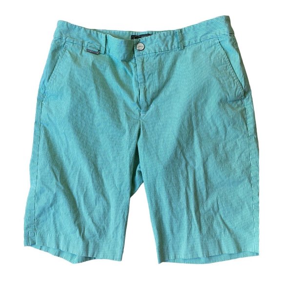 Lauren Ralph Lauren Active Bermuda Shorts Womens 10 Green White Seersucker Prepp - Picture 1 of 8